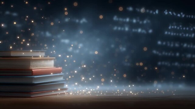 Chalkboard displays complex handwritten formulas while stacked books occupy wooden desk. Magical atmosphere with sparkling particles in dim light. Concept of education, tutoring, academic growth