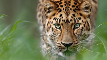 Fototapeta premium Closeup portrait of a leopard in the wild, showcasing its beautiful fur and piercing green eyes