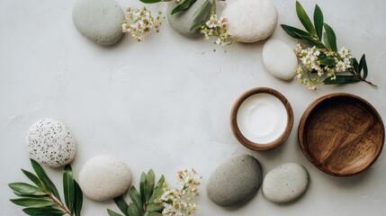 Serene luxury spa flat lay with white burning candle, natural stones, eucalyptus leaves and white flowers on textured white background. Wellness and aromatherapy setup for relaxation and calm
