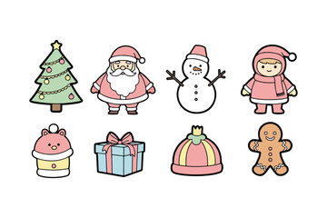 Fototapeta premium Cute Christmas characters and objects in pastel pink and green Santa Claus snowman