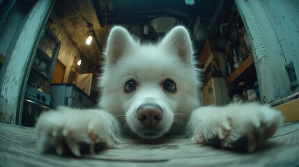 Fluffy white dog lies on the floor, gazing intently at its surroundings in a warm setting