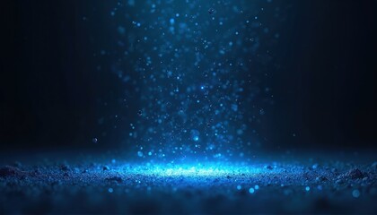 Serene underwater scene with dark blue background. Water reflects light blue sky hue. Small white dots speckle water surface. Tranquil body of water surrounded by contrasting dark blue.