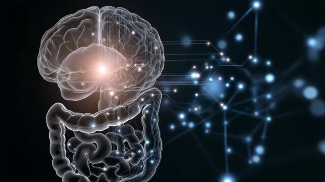 A brain with a stomach and intestines. Minimal infographic showing glowing gut icon with neural network lines connecting to brain icon, enteric nervous system, clean white sci-tech style