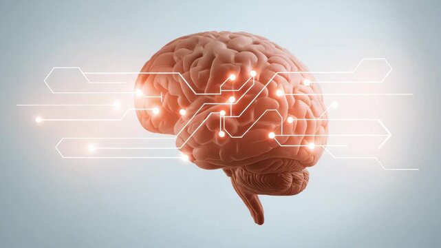 A brain with a red line going through it. Minimal infographic showing gut icon glowing with arrows pointing to brain icon, gut brain axis, clean white background