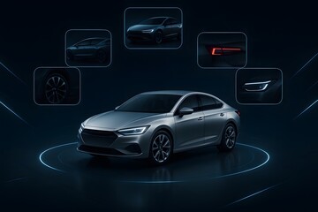 Hyper-realistic futuristic 3D automotive display featuring metallic sedan on a reflective floor with orbiting holographic panels showcasing details