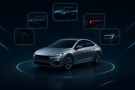 Hyper-realistic futuristic 3D automotive display featuring metallic sedan on a reflective floor with orbiting holographic panels showcasing details