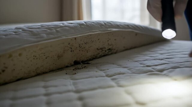 Examining A Mattress For Mites Using A Flashlight In A Bedroom With White Gloves Focus On Infestation And Potential Health Concerns