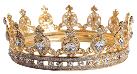 Ornate golden crown adorned with sparkling jewels, displayed elegantly against a neutral backdrop