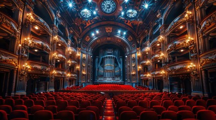 Interior view of an opulent theater with red seating