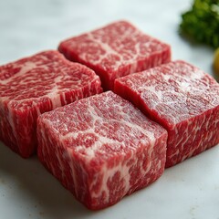 Exquisite marbled beef cuts positioned neatly, showcasing their rich color and texture