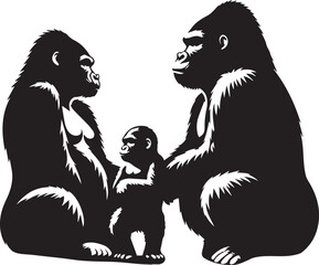 Gorilla Family Silhouette Vector – Black and White Wildlife Illustration of Parent and Baby Apes