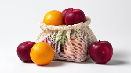 Fresh Fruits in a Reusable Bag with Red Apples and Oranges on Display
