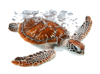 Majestic Sea Turtle Ascending Amidst Bubbles on Black isolated on a transparent background
