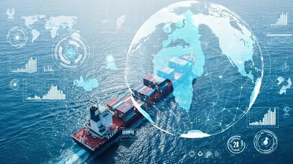Aerial view of cargo ship with containers on ocean with global data visualization overlayed - Powered by Adobe