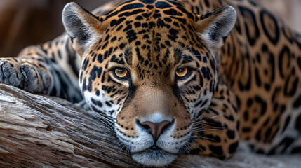 Close up of a jaguar resting its head on a tree trunk in the amazon rainforest