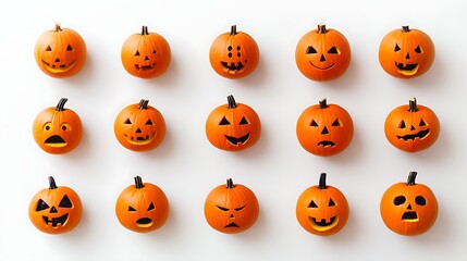 Set of orange halloween pumpkins with different faces on white backdrop