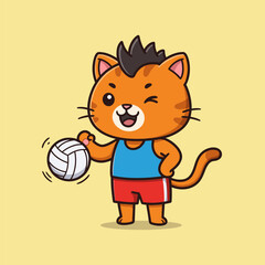 Winking orange cat with spiky hair holds a volleyball, dressed in a blue tank top and red shorts, radiating playful energy.