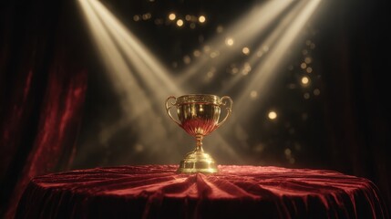 Golden Trophy on Velvet Stage Under Dramatic Spotlight with Glittering Background &ndash; Award Ceremony Concept of Victory, Recognition and Achievement in Luxury Theater Setting