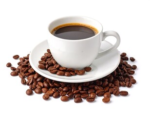 Obraz premium White coffee cup filled with dark coffee, on saucer, surrounded by coffee beans