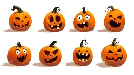 A set of halloween pumpkins with spooky expressions on white surface