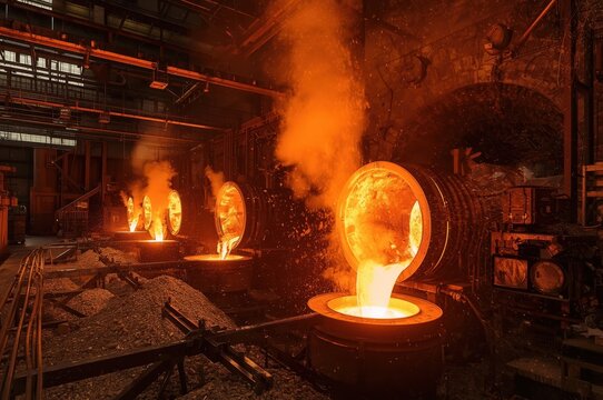 Molten metal flows from furnace into crucibles in industrial smelting hall