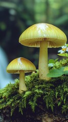 Fototapeta premium Vibrant yellow mushrooms emerge from lush green moss under soft sunlight in a forest