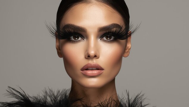 Model with feather eyelashes bold brows sleek hair in high-fashion portrait