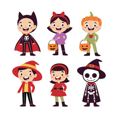 Six cute cartoon children in halloween costumes isolated on white background