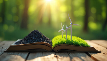 Conceptual image shows open book contrasting coal pile with wind turbines on grass. Symbolizes transition to renewable energy, sustainability, and future growth. Forest background with sun rays.