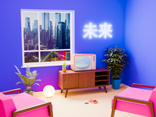 vaporwave neon tv interior