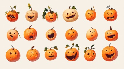 Collection of halloween pumpkins with varying expressions on white