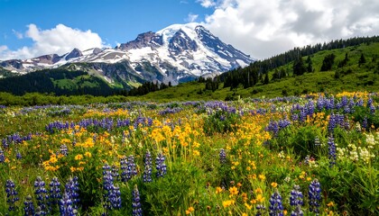 Naklejka premium A vibrant meadow of wildflowers blankets a hillside, showcasing a stunning mountain backdrop.