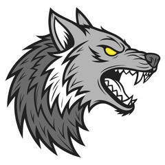Illustration of a gray wolf head, showcasing its ferocious snarl, sharp fangs, and intense gaze, embodying wild nature