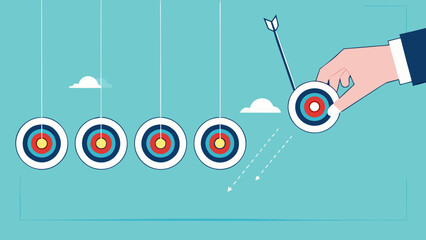 business target achievement as a milestone to achieve the next target, businessman pulling target board with bullseye arrow as e pendulum for milestone the next target