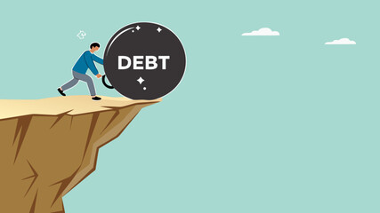 pay off business debt, reduce the burden of obligations, deficit or borrowing due, managing debt, responsibility to pay debtor, businessman pushes the debt burden ball into the canyon