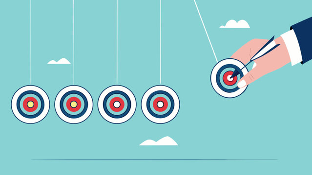 business target achievement as a milestone to achieve the next target, businessman pulling target board with bullseye arrow as e pendulum for milestone the next target