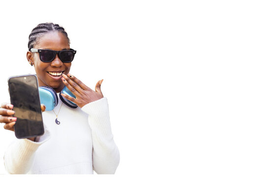 Happy Woman Holding Smartphone and Waving