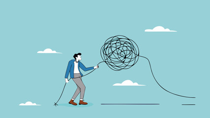unravel complex problem, reduce business chaos problems by solving them gradually, businessman pulling messy strings to untangle problems concept vector illustration