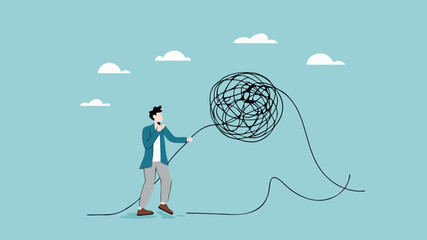 unravel complex problem, reduce business chaos problems by solving them gradually, businessman pulling messy strings to untangle problems concept vector illustration
