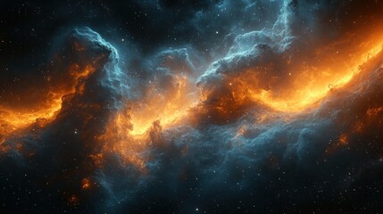 Fototapeta premium Colorful clouds of gas swirl in space, highlighted by brilliant orange and blue hues