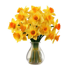 Bunch of vibrant yellow daffodils with green stems and leaves on transparent background