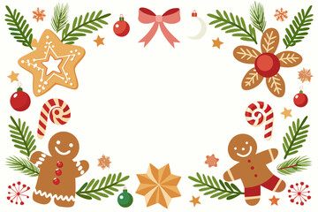 Christmas festive border frame with gingerbread cookies candy canes pine branches and ornaments decoration