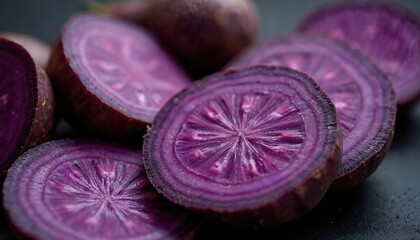 Macro shot of sliced purple ube yam revealing vivid violet interior. Root vegetable displays unique fibrous pattern. Ube is known for its vibrant color, nutritional value, popular in baking, desserts.