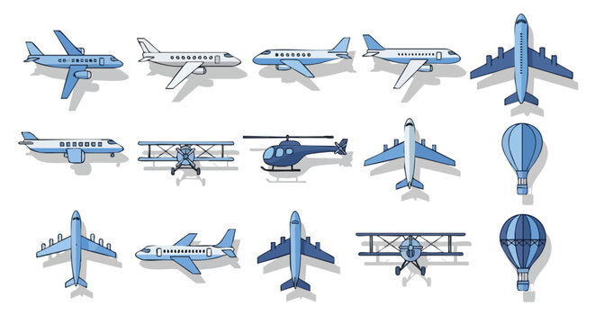 Collection of Various Aircraft Types Including Jets, Propeller Planes, and Balloons Depicting Diverse Aeronautical Designs and Styles in a Single