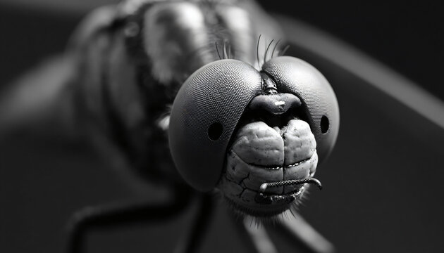 Black and White Close-up of Dragonfly Head