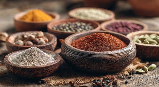Assorted spices in rustic wooden bowls.