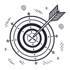 Handdrawn arrow hitting the center of a target, , representing success, achievement, and accuracy in business