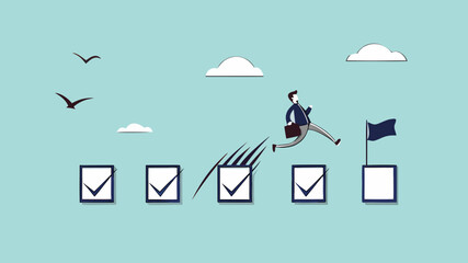 Goals accomplished with Businessman carrying big tick mark to get work done concept illustration, completing work or achieving business goal, Check and track, task management to achieve career success