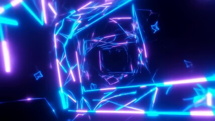 Dynamic Flight Through a Glowing Blue and Purple Neon Geometric Tunnel of Light - Powered by Adobe
