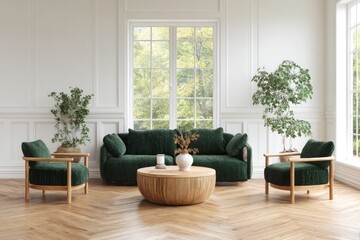 Modern living room with dark green velvet furniture and a wooden coffee table.